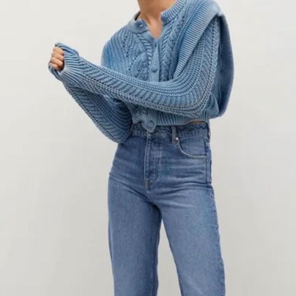 Mango Light Blue Cable Knit Button-Front Cardigan Sweater